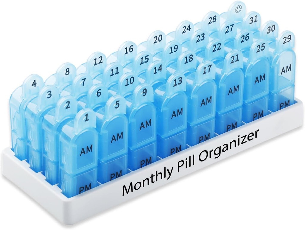 Daviky Monthly Pill מארגנת 2 פעמים ביום, 30 יום Pill Box AM PM עם Container נפרד, יום אחד רפואה מקרה פעמיים ביום כדי להחזיק ויטמינים, תוספים ותרופות (כחול)