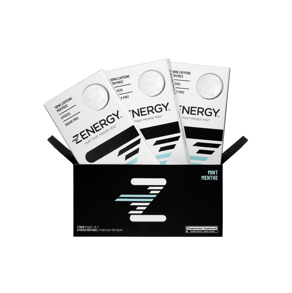 ZENERGY Energy Gum - Mint Flavor | 50mg Caffeine + 35% B6 ו-45% B12 ויטמין B12 | טבעוני, 0 סוכר, 0 קלוריות, 0ten, 0 Aspartame, non-GMO, פעולה מיידית | 3 Pack = 24 Count