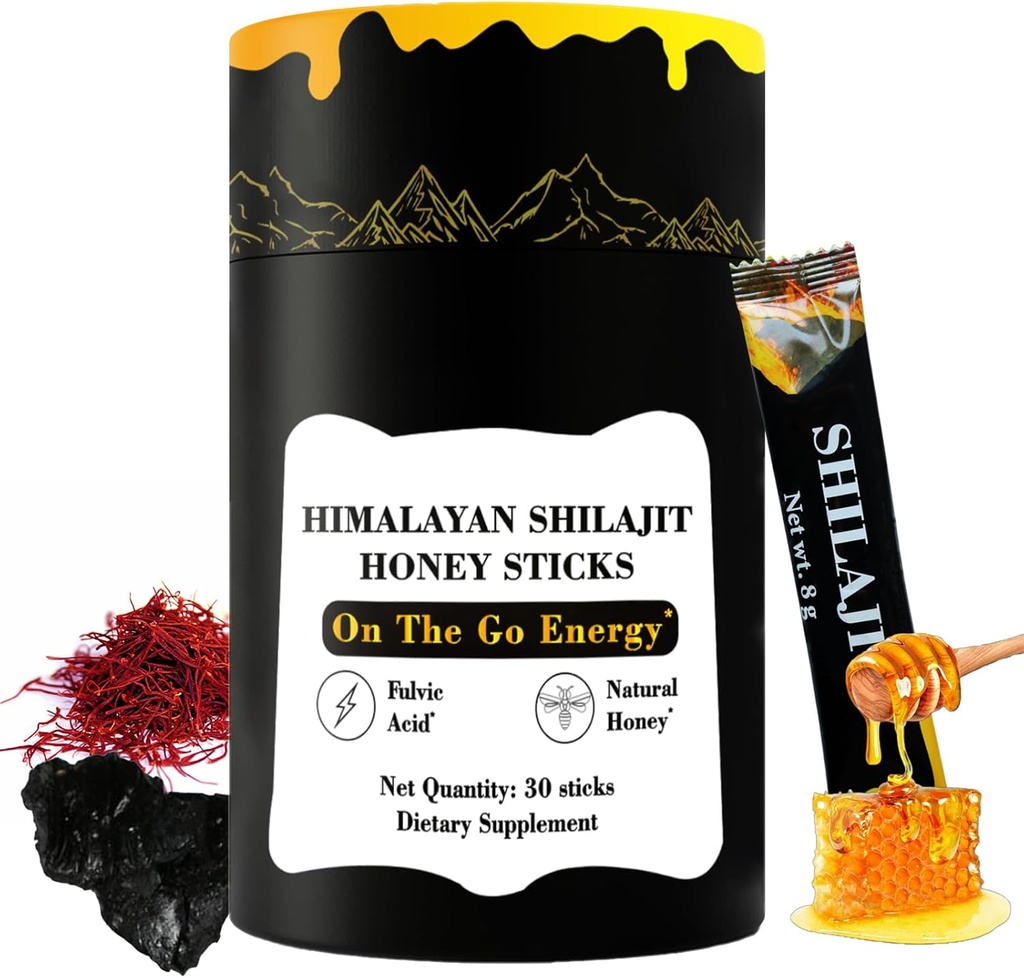 האותיות הקטנות של ההימלאיה Pure Actious Shilajit Honey Sticks Gold-Saffron, Honey - 75% Fulvic Acid, 85+ Trace מינרלים - עבור גברים - 30 מקלות (Shilajit Honey 30 Sticks)