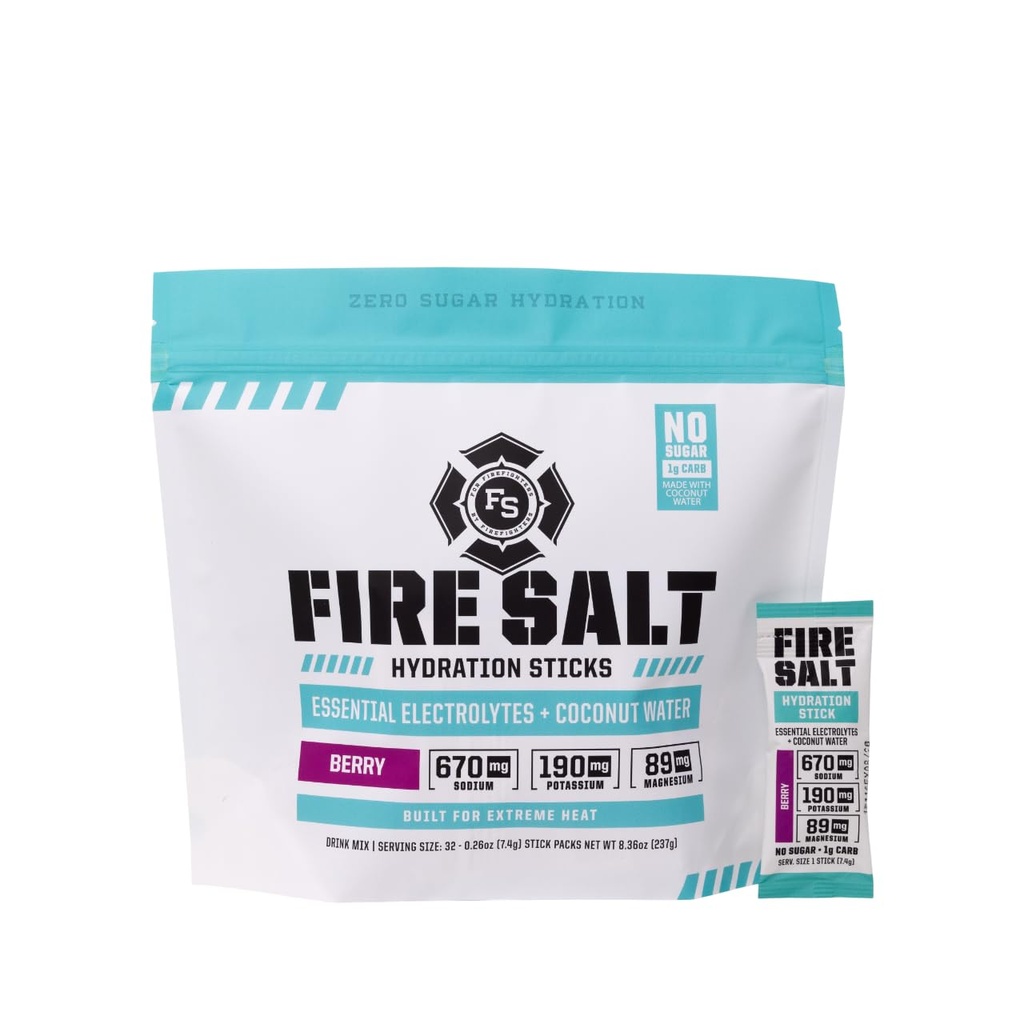 Fire Science Fire Salt hydrotion Sticks, Electrolytes & קוקוס מים, שתייה מרגיעה לערבב עם Magnesium, Potassium & Sodium, Zero Sugar, Single Serve on the Go Packs, ברי פלאדור, 32 הרוזן