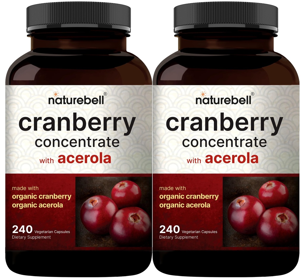 NatureBell 2 Pack Cranberry Concentrate with Acerola, 240 Vegetarian Capsules | Organic Cranberry Fruit Extract with Organic Acerola Cherry – Non-GMO, cGMP Manufactured