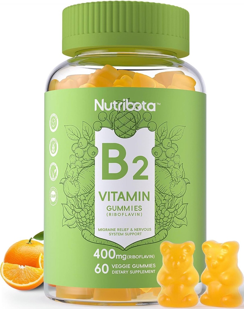 סוכר חינם ויטמין B2 Gummies- Riboflavin 400 מ"ג עם מגנזיום, CoQ10 למבוגרים וילדים, טבעוני, 60 הרוזן