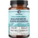 Magnesium Ashwagandha | Calming Magnesium תוסף למבוגרים | להירגע, מנוחה, Calm Mood & Sleep Support | Mag Citrate & Oxide 400 מ"ג + Ashwagandha 500 מ"ג | בריאות השרירים & Stress הקלה | 120 Cttate & Oxide