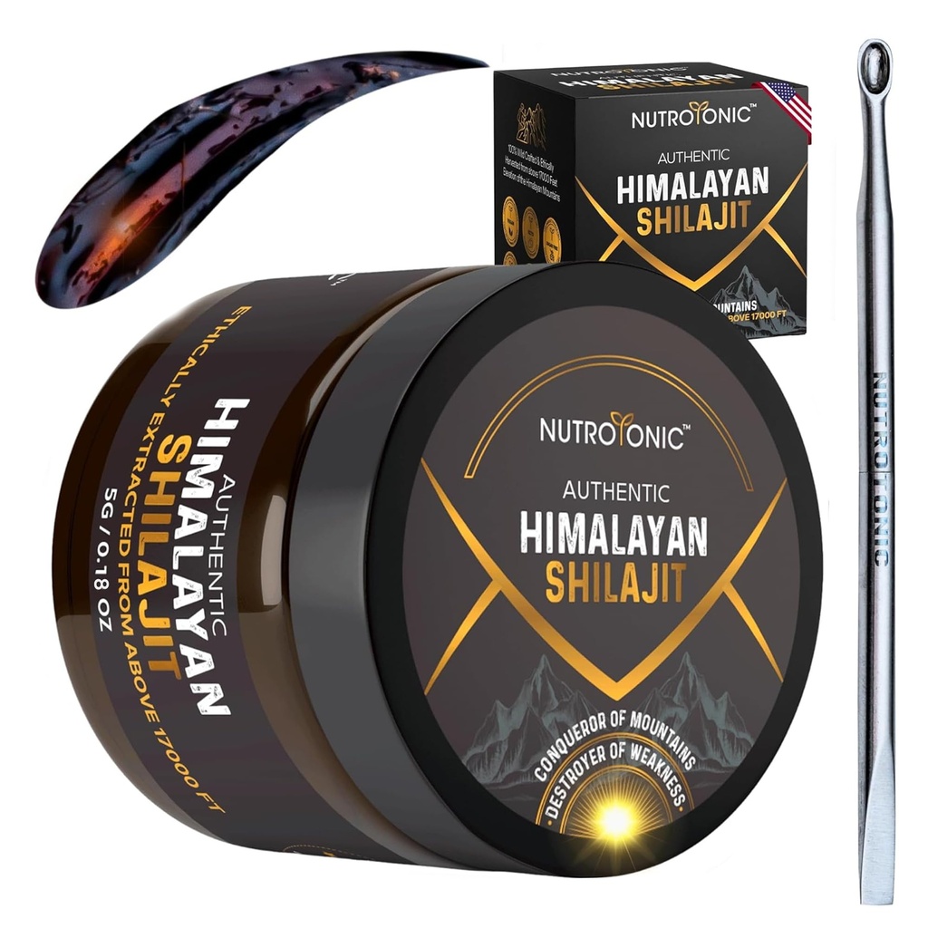 NutroTonic® Authentic ההימלאיה Shilajit Resin for Men & Women - Gold Class 86% Fulvic Acid - Wild Crafted +17000 FT - 40x ננוed & Sun Dried - 3rd Party Lab Tested - 5g ג'ר ג'ארד