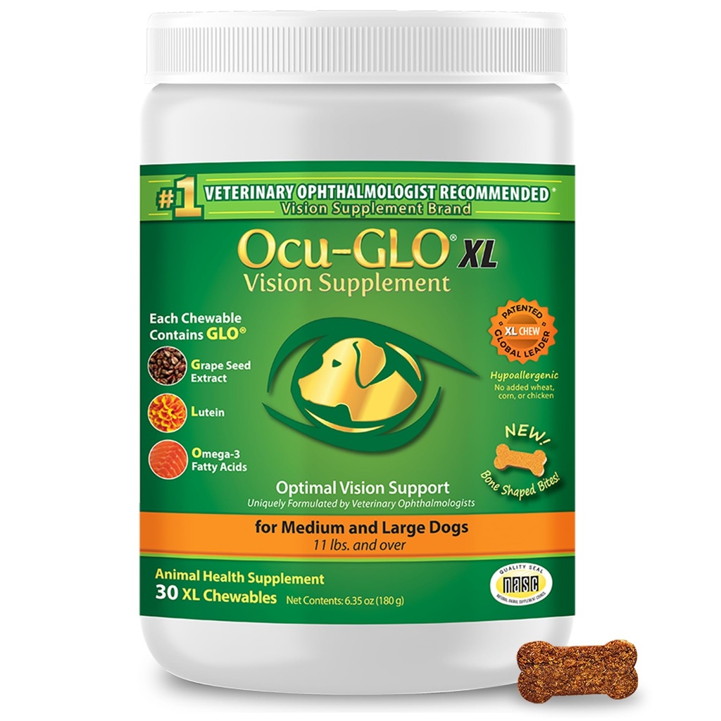 Ocu-GLO Cat & Dog for Eye Support - Chewable Vision Supplement for Medium and Large Pets Care with Lutein, Omega-3 Fatty Acids, Grape Seed Extract & Antioxidants 30 XL Chewables