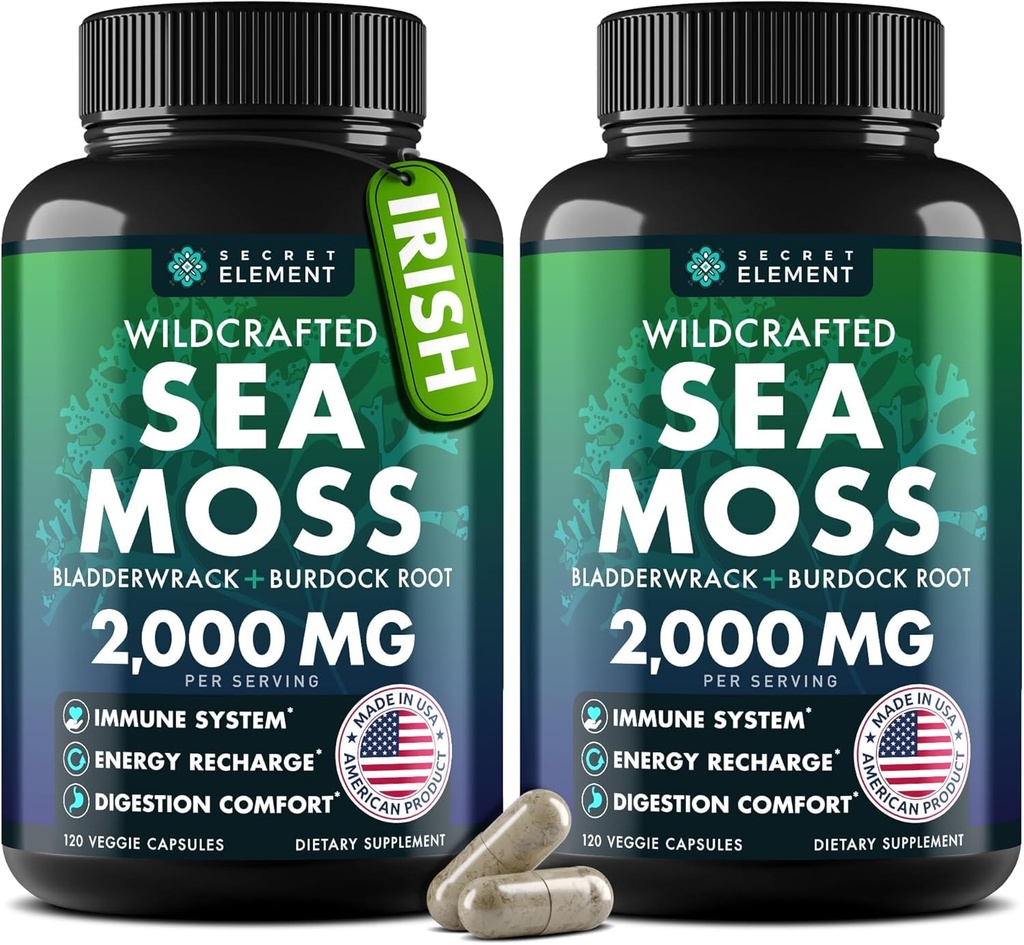 Sea Mosss כמוסות - Irish Sea Mosss מתקדם עם Burdock Root, Bladderwrack & Muira Puama for Immunity, Gut, & Energy - Superfood Sea Mosss תוספי w/Raw Sea Mos אבקת (2 Pack)