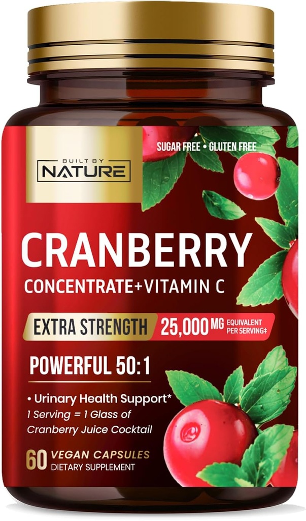 בנוי על ידי Nature Cranberry Pills 25,000 מ"ג - תוספת כוח 50:1 תמצית עם ויטמין C - תוסף בריאות וטרינרי עבור נשים - non-GMO, סוכר חינם, טבעוני - 60 קפסולות