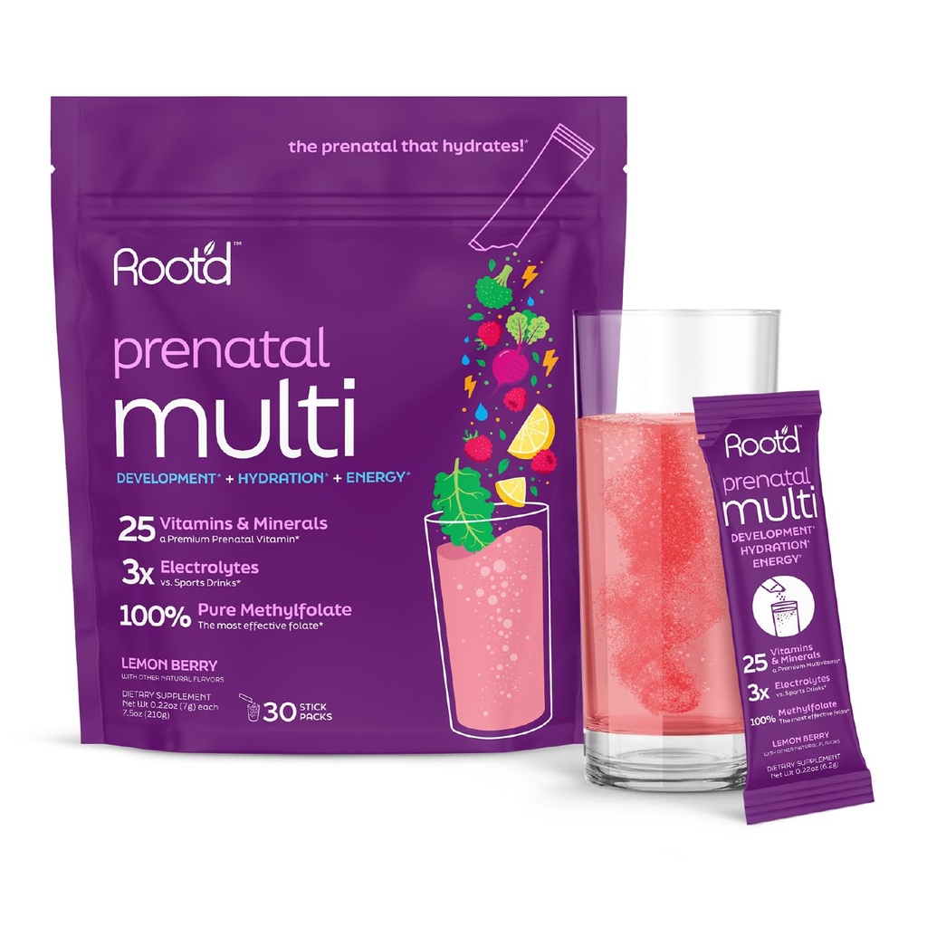 Root'd Prenatal Multivitamin אבקת - 25 ויטמינים ומינרלים עם 3x אלקטרוליטים, Folate, ברזל, D3 עבור אמא ותינוק, 7 Superfood & Probiotics, ויטמינים ללא סוכר וhydrtion | 30 משקאות Packets