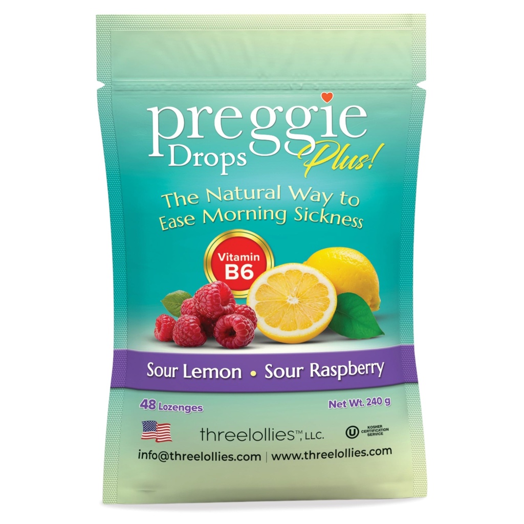 Preggie Pop Drops Plus Fortified עם ויטמין B6 - מחלת בוקר הקלה פורטד עם ויטמין B6. Preggie פופs עבור הקלה עבור נשים בהריון טיפות ממתקים. Sour Raspberry & Sour Lemon 48 Count