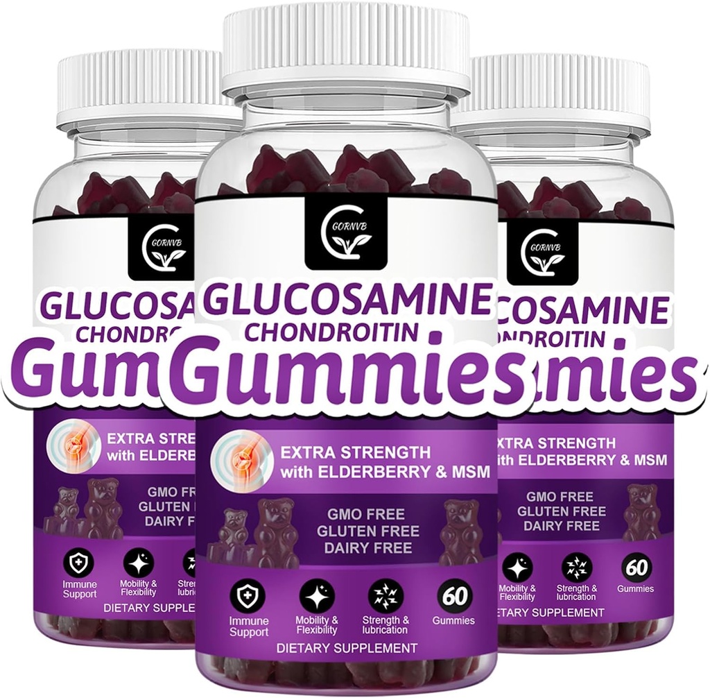 Glucosamine Chondroitin Gummies עם MSM & Elderberry - תוספת כוח ותמיכה גמישות, תוספת חיסון אנטי חמצון עבור מבוגרים, גברים ונשים - 60 צ'נדרוטין מסטיקמי (3 Pack)