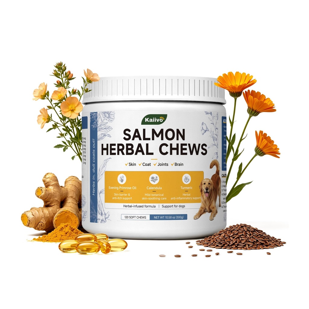 Omega 3 for Dogs - Salmon Oil Skin and Coat Supplement 120 Chews | with Calendula, DHA & EPA, Supports Healthy Skin, Coat Shine & Helps Reduce Shedding, Natural Herbal Blend, Salmon Flavor