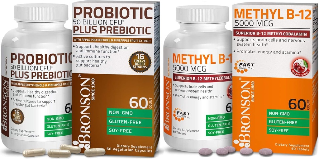 Bronson Probiotic 50 מיליארד CFU + Prebiotic עם Apple Polyphenols & Pineapple פירות לחלץ + Methyl B12 5000 mcg ויטמין B12 Methylcobalamin