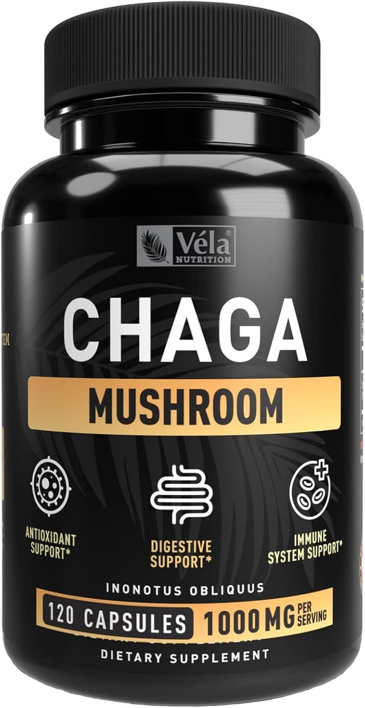 Vela's Chaga Mushroom קפסולת Mushroom | 1500 מ"ג לכל משרת | 120 קפסולות (Chaga Mushroom (120 Count)