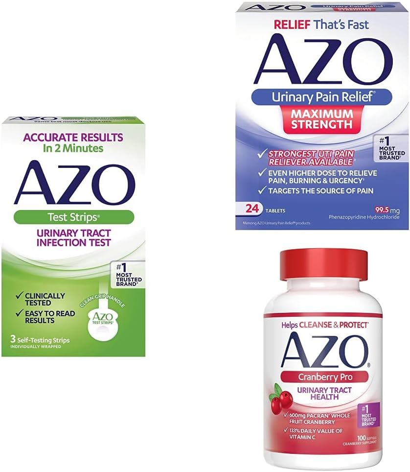 AZO UTI כאב הקלה Bundle - AZO UTI Test Strips 3ct, AZO Urinary כאב הקלה מקס כוח 24ct, AZO Cranberry Pro 100ct