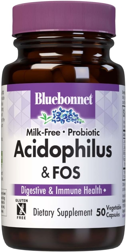 Bluebonnet Nutrition Milk-Free Probiotic Acidophilus & FOS, בריאות עיכול*, Immune Health*, Gluten-Free, Soy-Free, 50 קפסולות ירקות, 50 משרתים