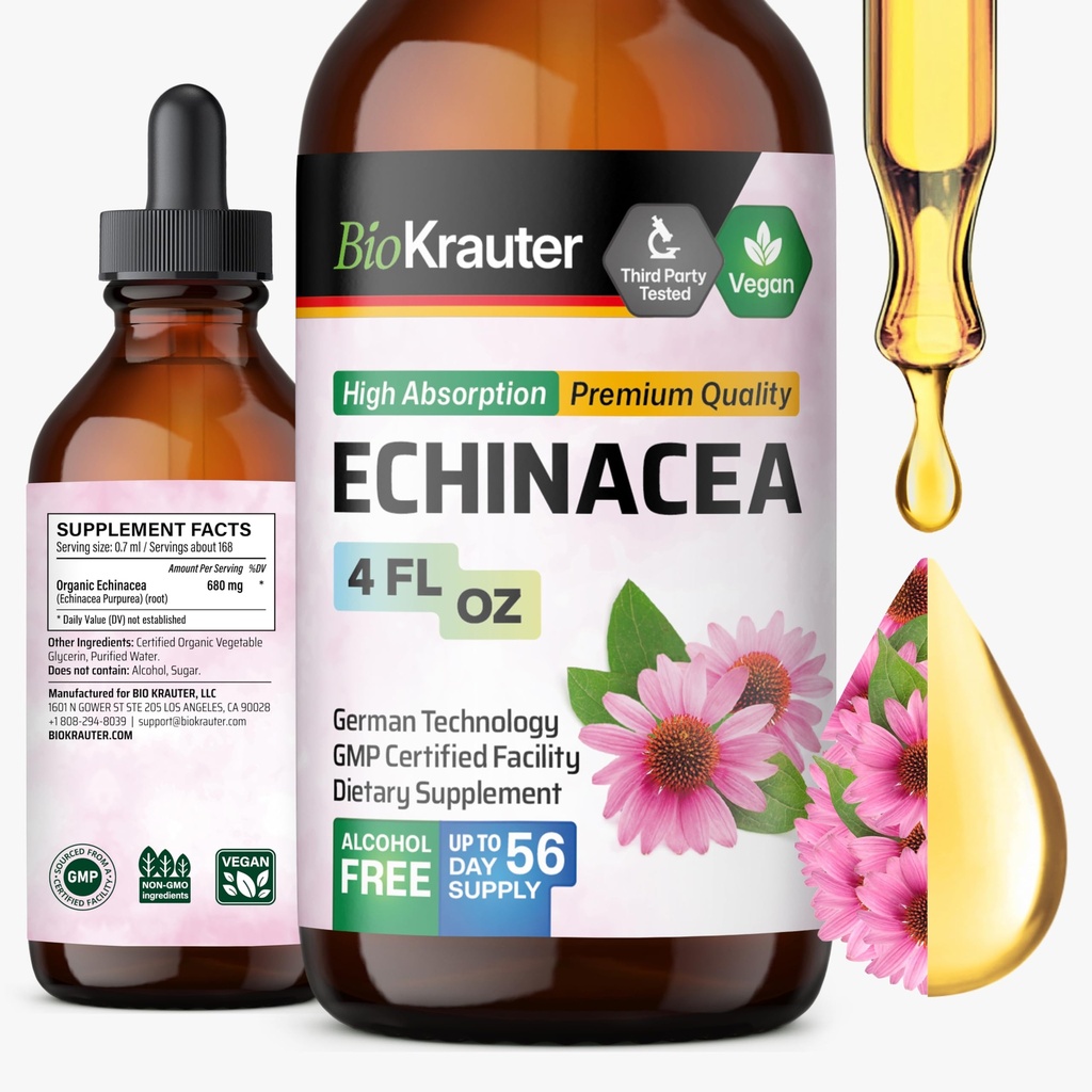 BIO KRAUTER Echinacea טיפות - תמיכה טבעית - Echinacea Tincture תוסף - טבעוני, אלכוהול & סוכר טיפות חינם - 4 Fl.Oz.