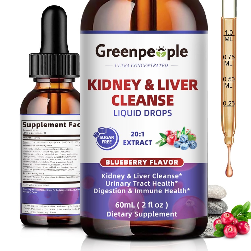 GREENPEOPLE Kidney ניקוי Detox & תיקון - 27-In-1 Kidney & Liver Drops עם 20:1 Cranberry לחלץ & צ'נקה Piedra, תוספת ללא אלכוהול עבור Urinary Tract & Liver תמיכה (2 Oz 1 Pack, Blueberry)