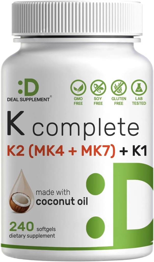 ויטמין K Complete - 240 Softgels שמן קוקוס | ויטמין C2 (MK-7 ו- MK-4) & K1 | Full Spectrum Triple ויטמין K | Bone, Joint, & Immune Support - Non-GMO