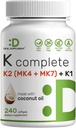 ויטמין K Complete - 240 Softgels שמן קוקוס | ויטמין C2 (MK-7 ו- MK-4) & K1 | Full Spectrum Triple ויטמין K | Bone, Joint, & Immune Support - Non-GMO