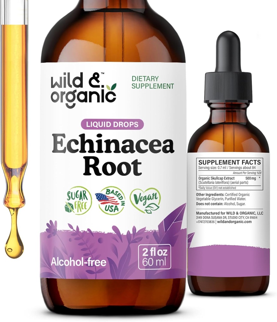Wild & אורגני Echinacea Tincture - Immune Support טיפות עם נוזל Echinacea שורש לחלץ - Angustifolia תוספי - טבעוני, סוכר ואלכוהול חינם - 2 oz