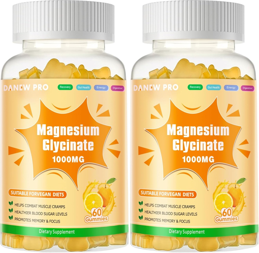 Magnesium Glycinate Gummies 1000 מ"ג - סוכר חינם Magnesium Potassium תוספת עם ויטמין D, B6, CoQ10 עבור Calm Mood & Sleep Support - 120 חניכיים כתום