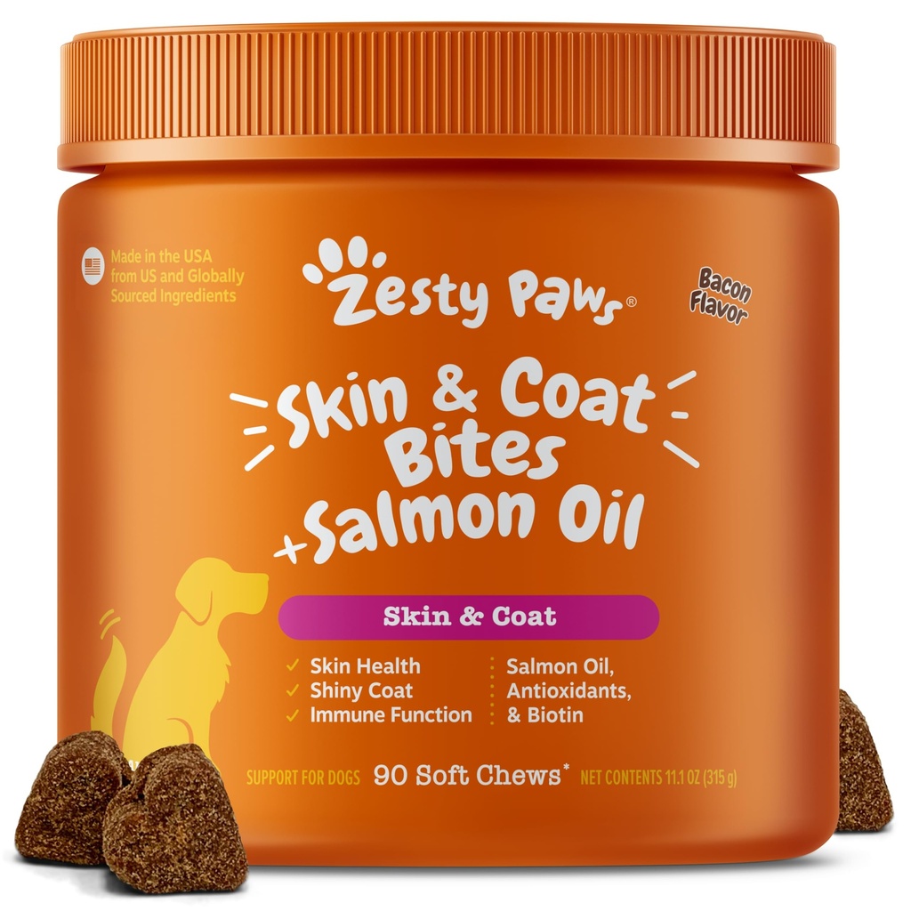 Zesty Paws אומגה 3 שמן דגים לכלבים - Zesty Pawדוג ויטמינים ותוספים עבור hip, Joint & Skin, Bacon (90 Chews)