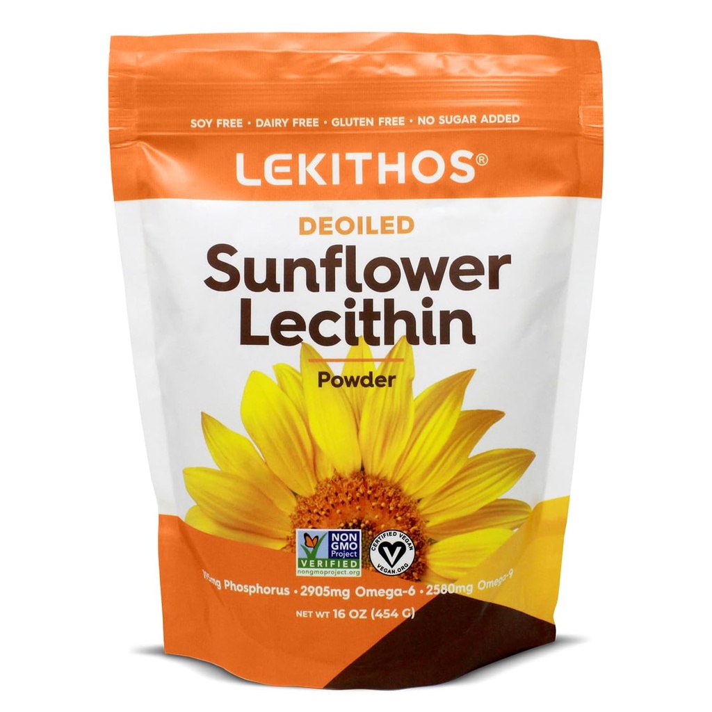 Sunflower Lecithin Powder (Deoiled) | 1760mg Phosphatidyl Choline Per Serving | Omega-6 & Omega-9 | Soy-Free, Non-GMO, Gluten-Free, Vegan | Perfect for Liposomal Vitamin C | 16oz (454g)