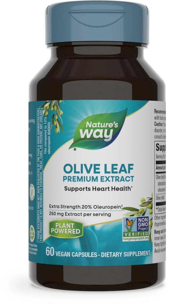 Nature's Wayאוליב Leaf, Premium Extract, Supports Heart Health *, 20% Ol Europein, 250 מ"ג להגשה, פרויקט Non-GMO מאומת, 60 קפסולות טבעוניות (Packaging May Vary)