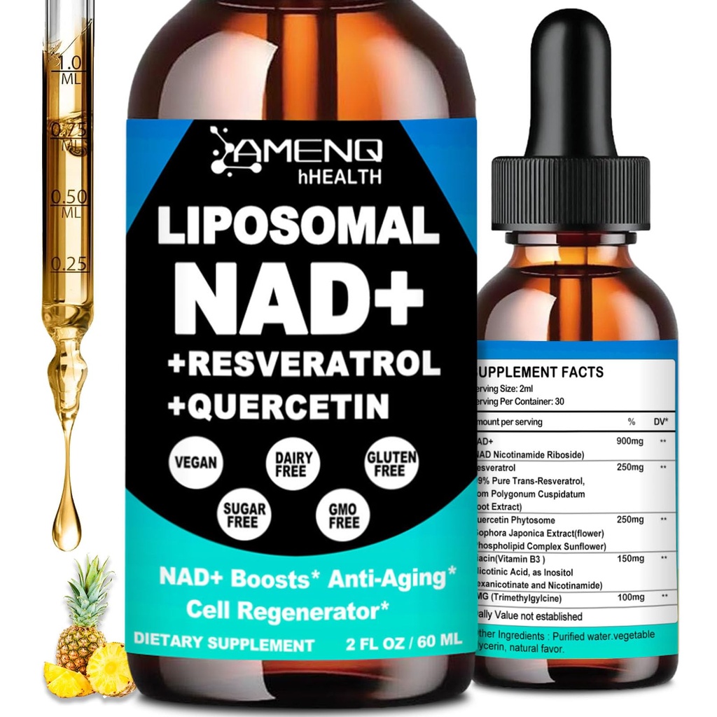 תוסף NAD, Liposomal NAD Nicotinamide Riboside Resveratrol 900 מ"ג Quercetion, TMG, ויטמין B3, תוסף גבוה ל- NAD Plus נוזלי עבור תאים Regenerator, Longevity, Energy, Anti-Aging, Focus, Focusing, Focus