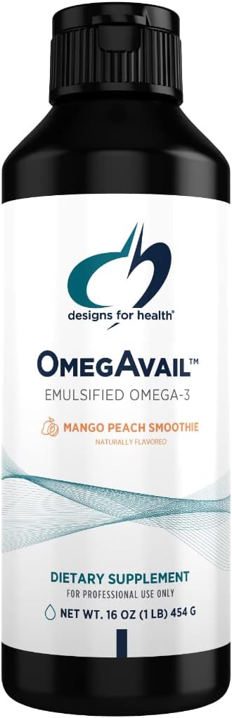 עיצובים לבריאות OmegAvail Smoothie - אומגה 3 TG Triglyceride Fish Emulsion עם DHA + EPA - תוספת נוזלי עבור Cardiovascular + תמיכה המוח, מנגו Peach Flavor (3 משרתים / 16oz)