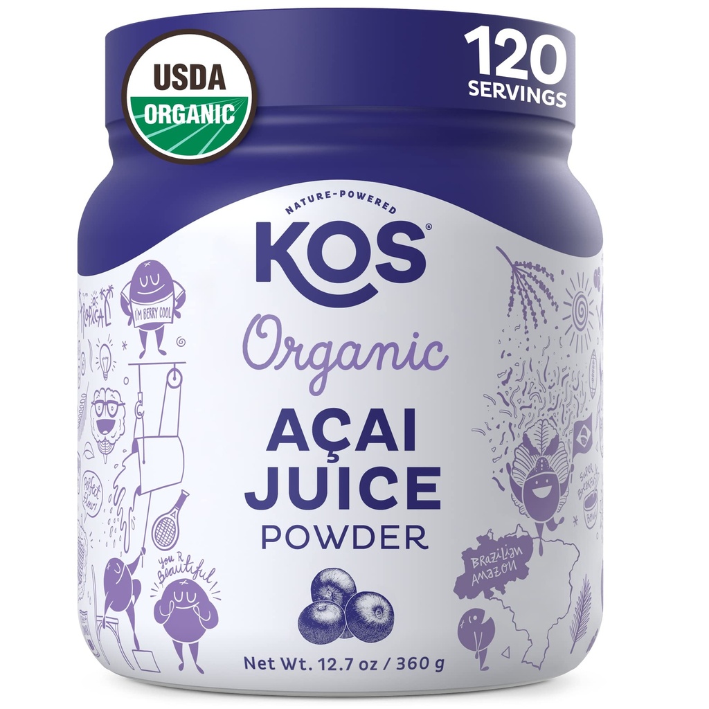 אבקת KOS Organic Acai Juice - USDA Certified Organic, Plant Based Superfood Antioxidants, Superberry מברזיל, Great for Smoothies and Bowls, 0g Sugar, Vegan, Gluten-Free, non-GMO - 120 משרתות