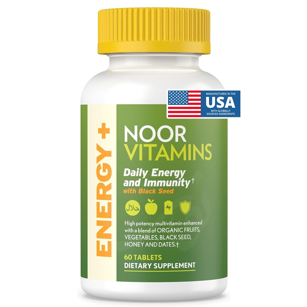 Noor ויטמינים אנרגיה + Multivitamin; האליל ויטמין לייצור אנרגיה ותחמושת, 26 ויטמינים ומינרלים, Black Seed, דייטים, דבש, לגברים ונשים. גלטין חינם, 2 חודשים אספקה