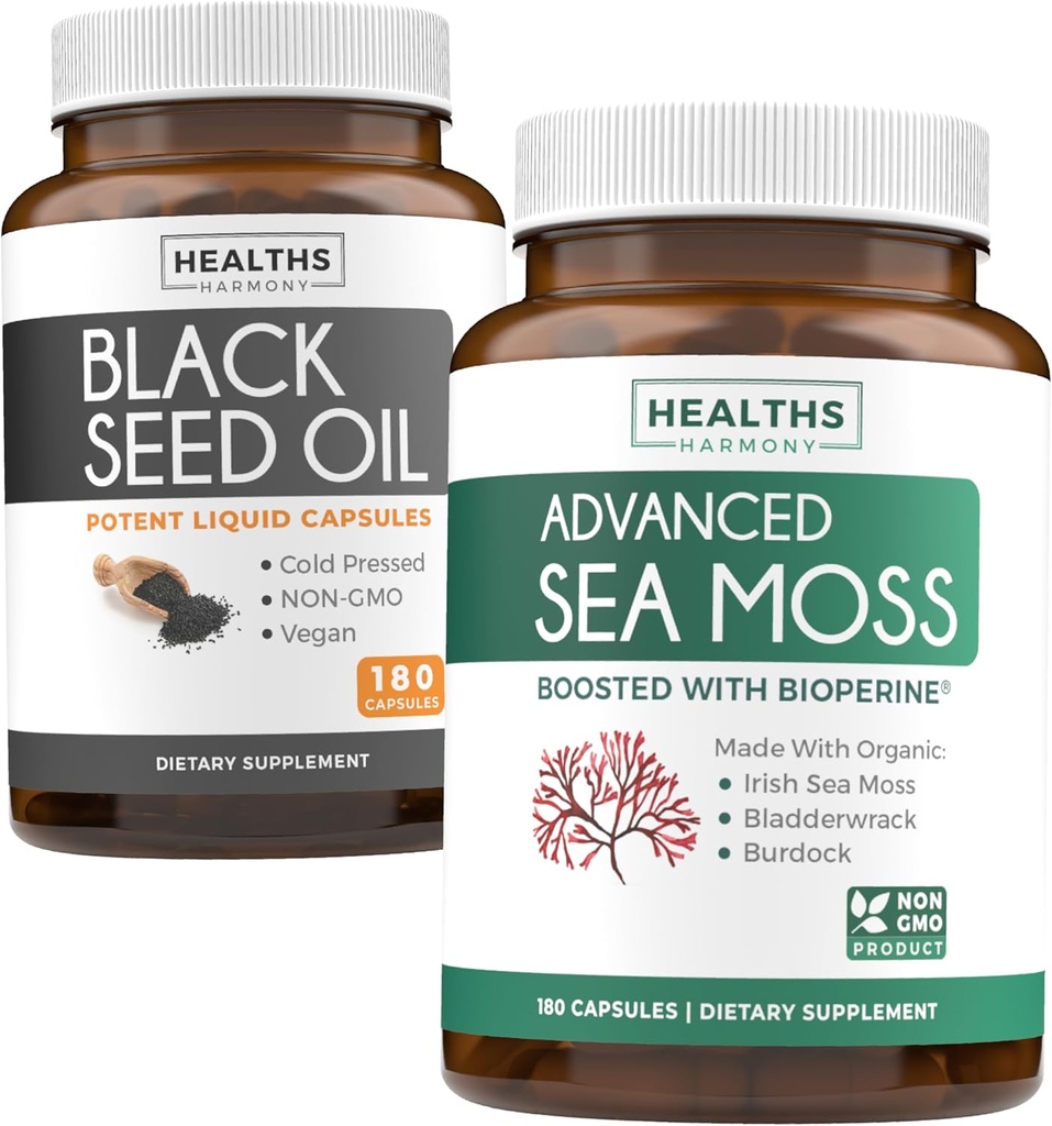 Black Seed Oil & Irish Sea Mosss (3-Month Supply Supply Supply) - Power Duo Bundle of Black Seed Oil (180 קפסולות) Cold-Pressed Nigella Sativa & Irish Sea Moss (180 קפסולות) עם bioperine ו Bladderwrackrackre