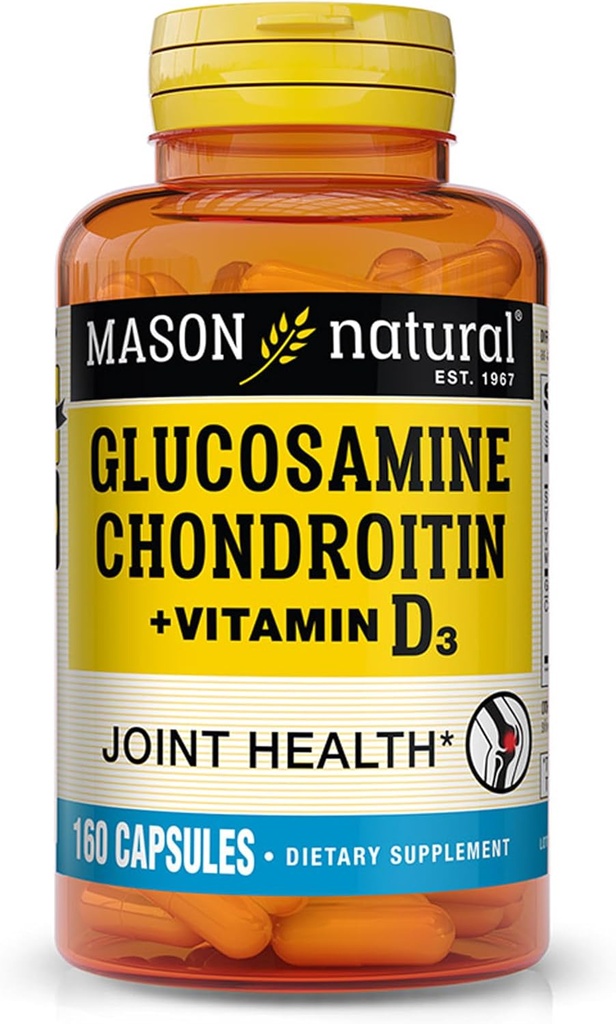 MASON NATURAL Glucosamine Chondroitin Plus ויטמין D3 - תומך בריאות משותפת ועצמות, שיפור ניידות וגמישות, 160 קפסולות