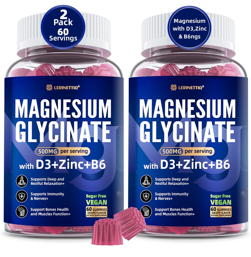 Magnesium Glycinate 500 מ"ג / 250 מ"ג למבוגרים - Plus D3,B6 & Zinc - Magnesium Glycinate חניכיים, High Absorption - תמיכה להרגעה,Brain, Bone & Immunity Health - סוכר חינם - 120Ctsscinate Gummies