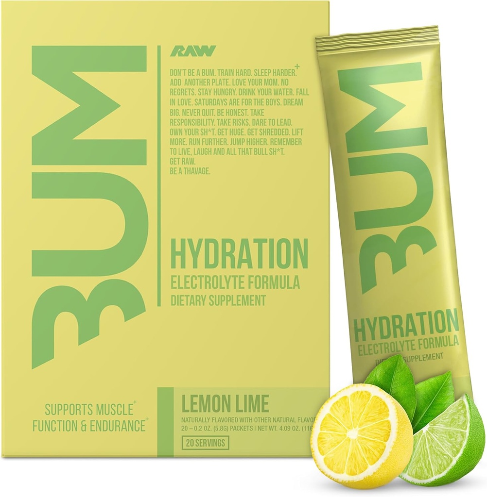 RAW אלקטרוליטים אבקת הידלה לשתייה Mixets, Bum hydrote (Lemon Lime, 20 משרתות) - אלקטרוליטה hydrotion Packets תומך בתפקוד השרירים & Endurance - Keto Free Electrolytes אבקת Packets