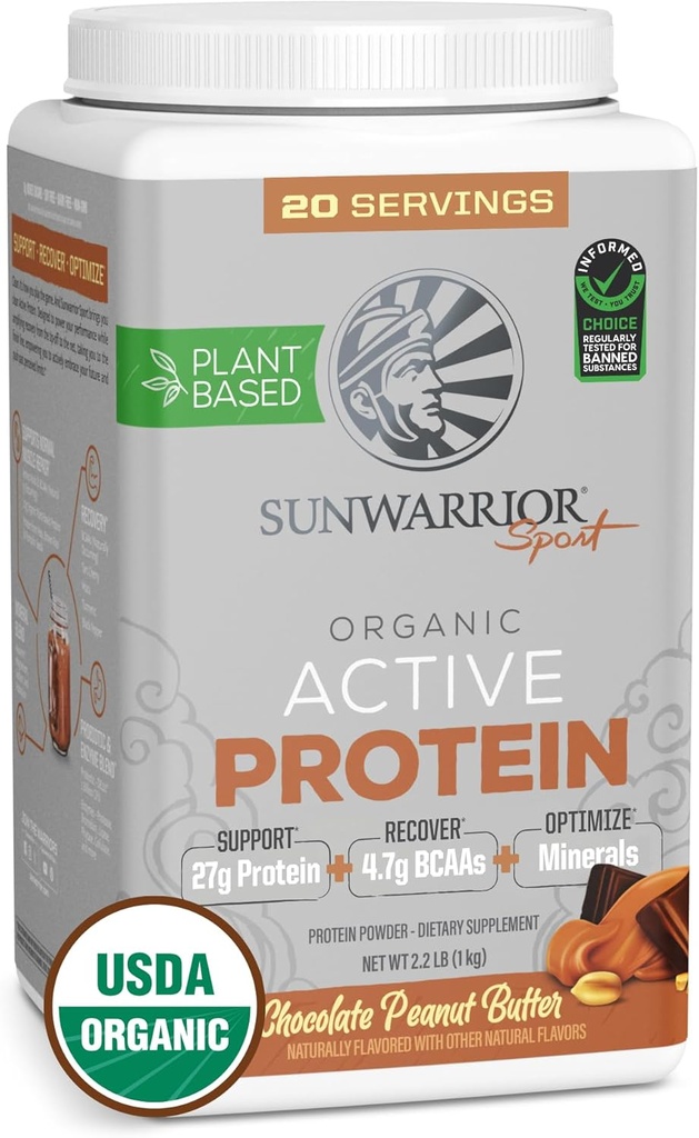 אבקת חלבון צמחית מבוססת Sunwarrior אורגנית | אבקת חלבון אורגנית עם BCAAs Plus Recovery מינרלים & הבוטנים | Non-GMO Soy Milk & Gluten Free (Choate Peanut Butter, 20 משרתים)