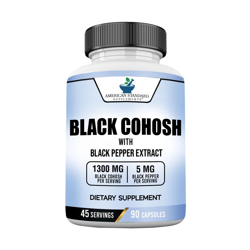 American Standard Supplements Black Cohosh 1300 מ"ג פרי לשרת עם Black Pepper פירות לחלץ - טבעוני, גלוטן חינם, non-GMO, 90 קפסולות, 45 משרתים
