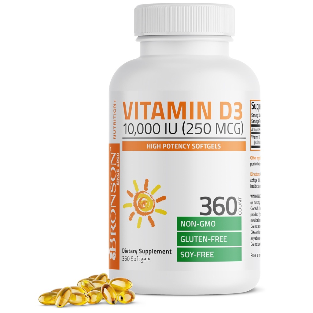Bronson ויטמין D3 10,000 IU (250 mcg) High Potency - תומך במערכת החיסון בריאה, עצמות חזקות, שרירי שיניים - Non GMO, 360 Softgels