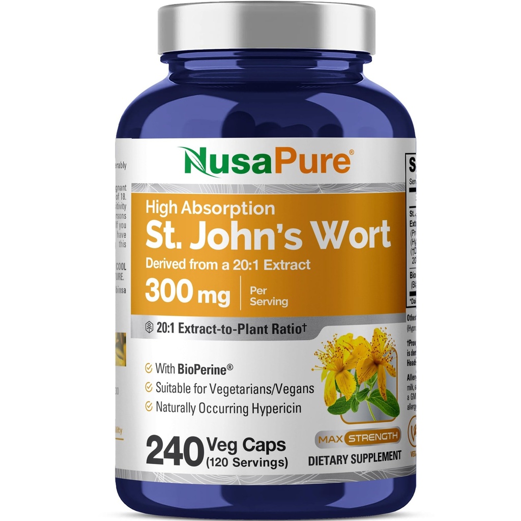 NusaPure St. John's Wort 20:1 לחלץ, 300 מ"ג שווה ערך ל 6000 מ"ג 240 קפסולות Veggie (Vegetarian, non-GMO) Bioperine