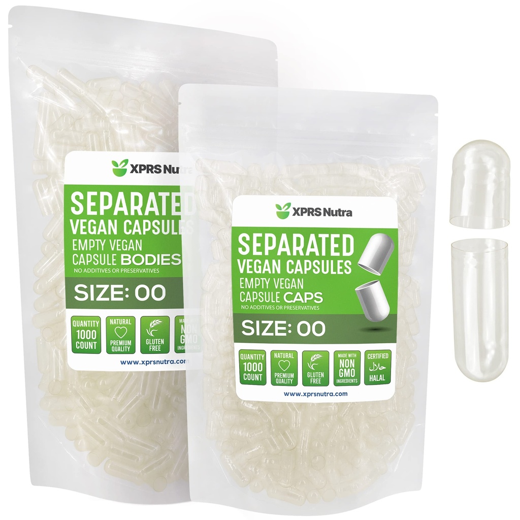 XPRS Nutra Vegan Size 00 בנפרד קפסולות - 1000 Count Premium ריקה קפסולות נפרדות ב Bags - Clear ריקה גלולות עבור תוסף DIY