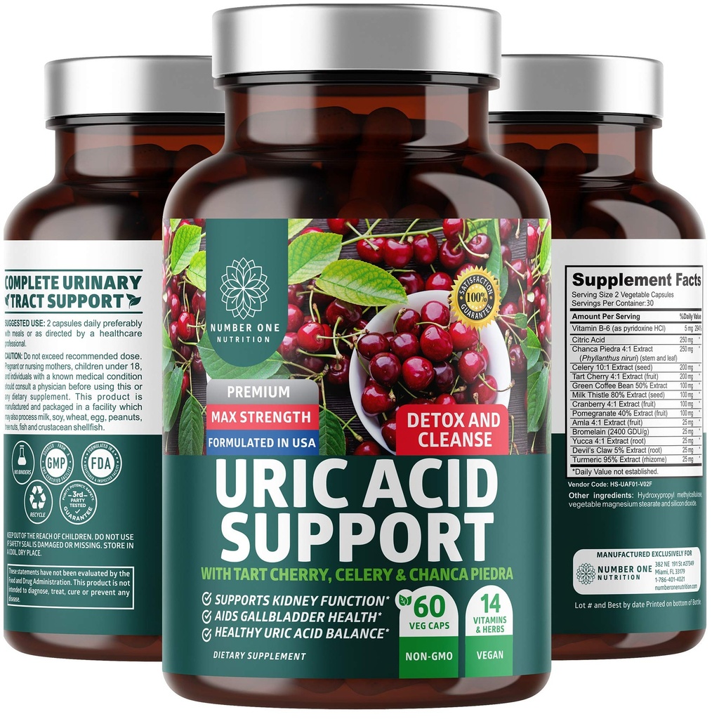 N1N Premium Uric Acid תומך תוסף 8.2 פוטנט הרבס) All Natural Kidney ו- Uric Acid ניקויse עם Tart Cherry, Milk Thistle, Cranberry, Celery, Chanca Piedra, 60 Veg Caps