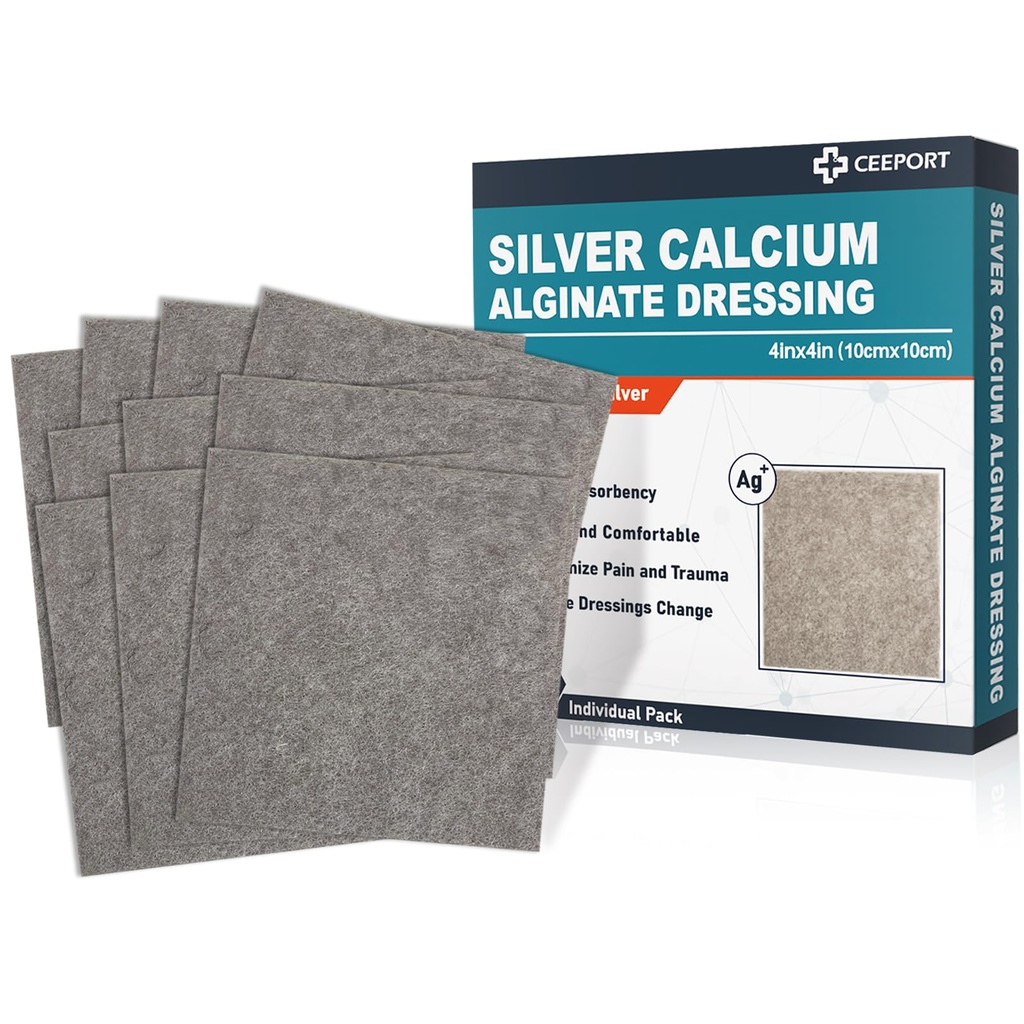 Ag Silver Calcium Alginate Wound Dressing Pads, 4'x4' Patches, 10 Individual Pack, Soft Silver Dressings for Wound Care, Gentle High Absorbent Dressing, Non Stick Gauze Pads for Wounds