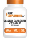 BulkSupplements.com Calcium Carbonate & ויטמין D3 Softgels - Calcium ווויטמין D3, Calcium & D3 for Immune Support - Gluten Free, 2 Softgels לכל משרת, 360 Count (Pack of 1), Calcium & D3 תוסף עבור Immune Support - Gluten Free, 2 Softgels to Serve, 360 Count)