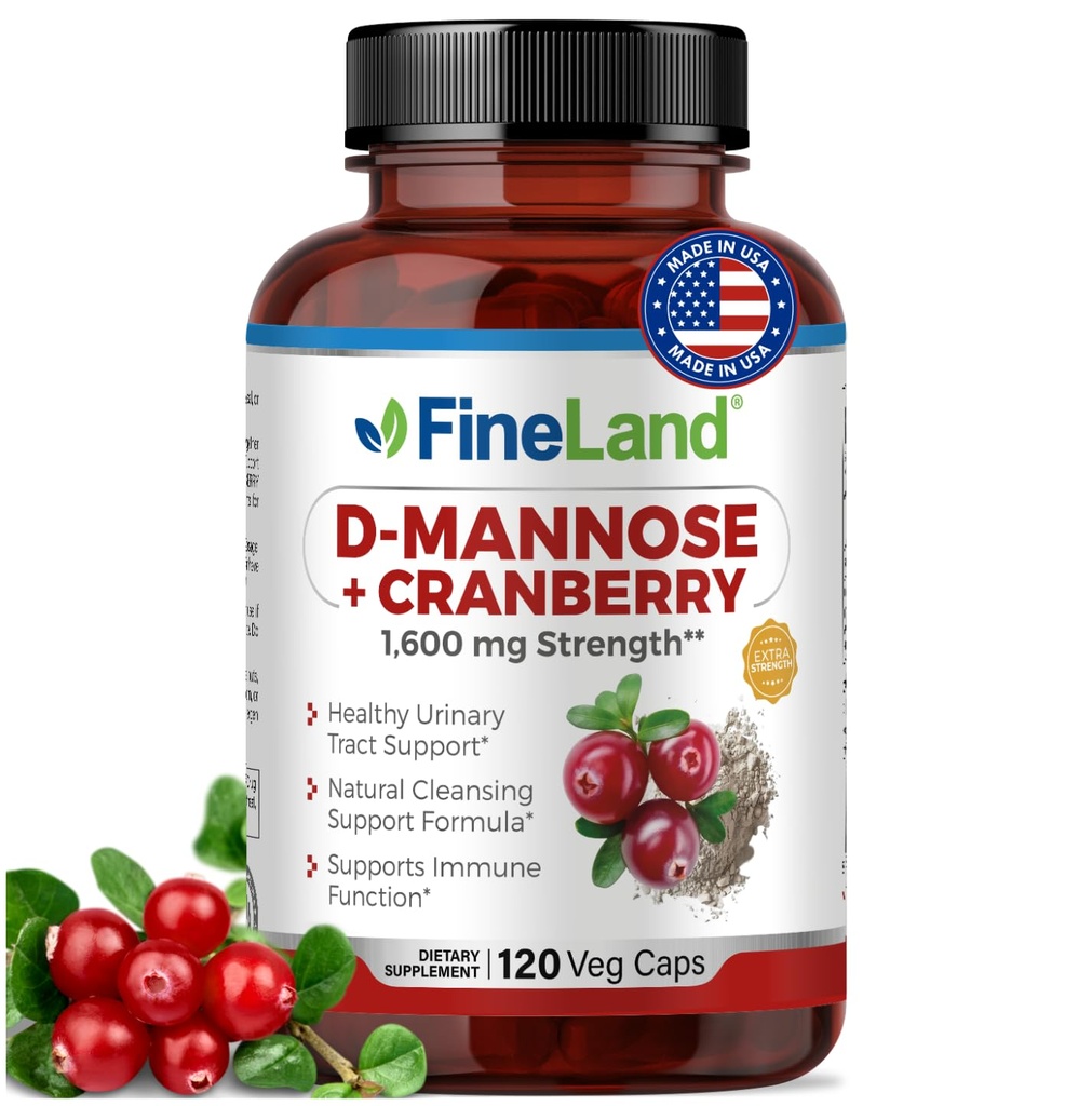 FineLand D-Mannose + Cranberry - 1600 מ"ג לשרת - 120 קפסולות טבעוניות - Urinary Tract & Bladder Health Support - Non-GMO, Gluten-Free, Made in USA