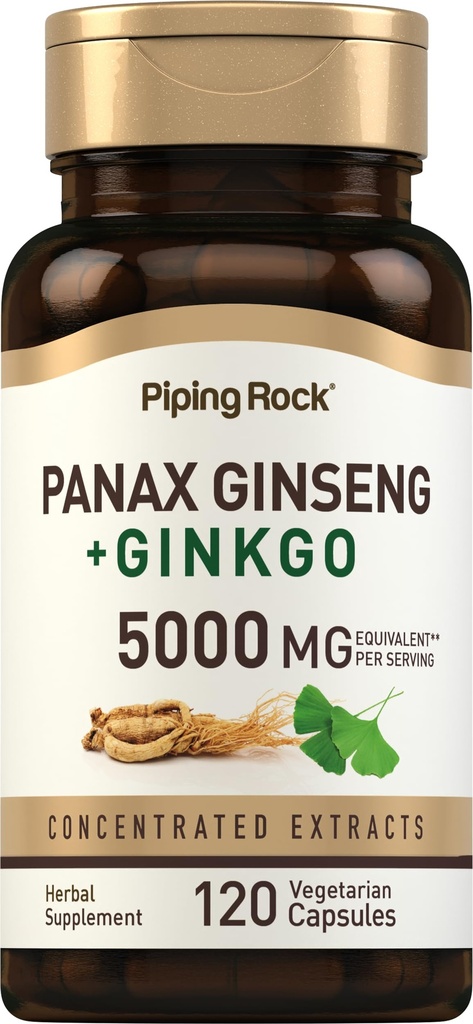 Piping Rock Panax גיינסנג וג'ינקגו Biloba תוסף | 5000 מ"ג | 120 קפסולות | עם Black Pepper | Vegetarian, non-GMO, ו- Gluten Free Supplement