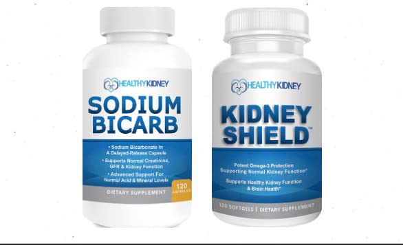 Kidney Shield אומגה 3 Fish Oil & Sodium Bicarb 2 Pack Bundle תמיכה רגילה Kidney Function & Acid Levels