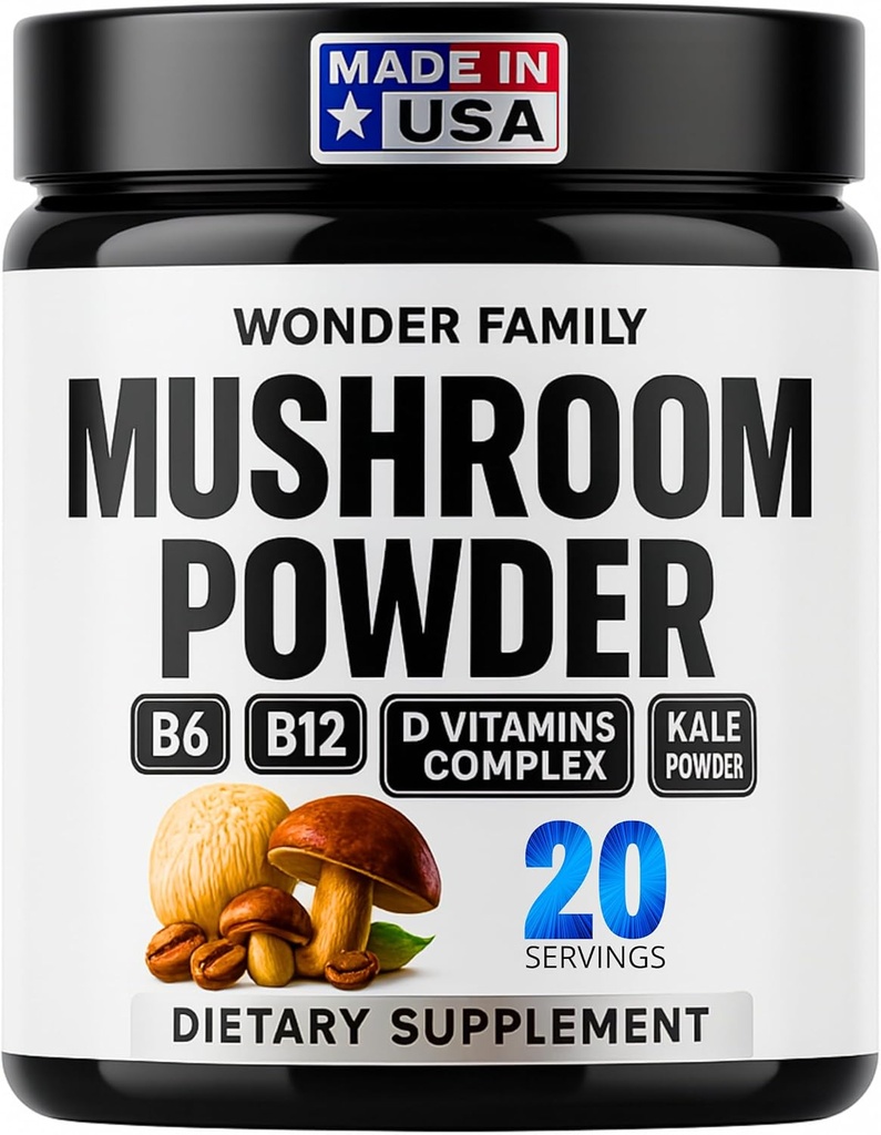 אבקת Mushroom 10:1 - Cordyceps Mushroom תוספת עם Reishi, Chaga & Shiitake - Caffeine-Free Nighttime לשתות עם B6, B12, D + Probiotics Mushroom Cacao אורגני בלנדר (לא Sweetener)