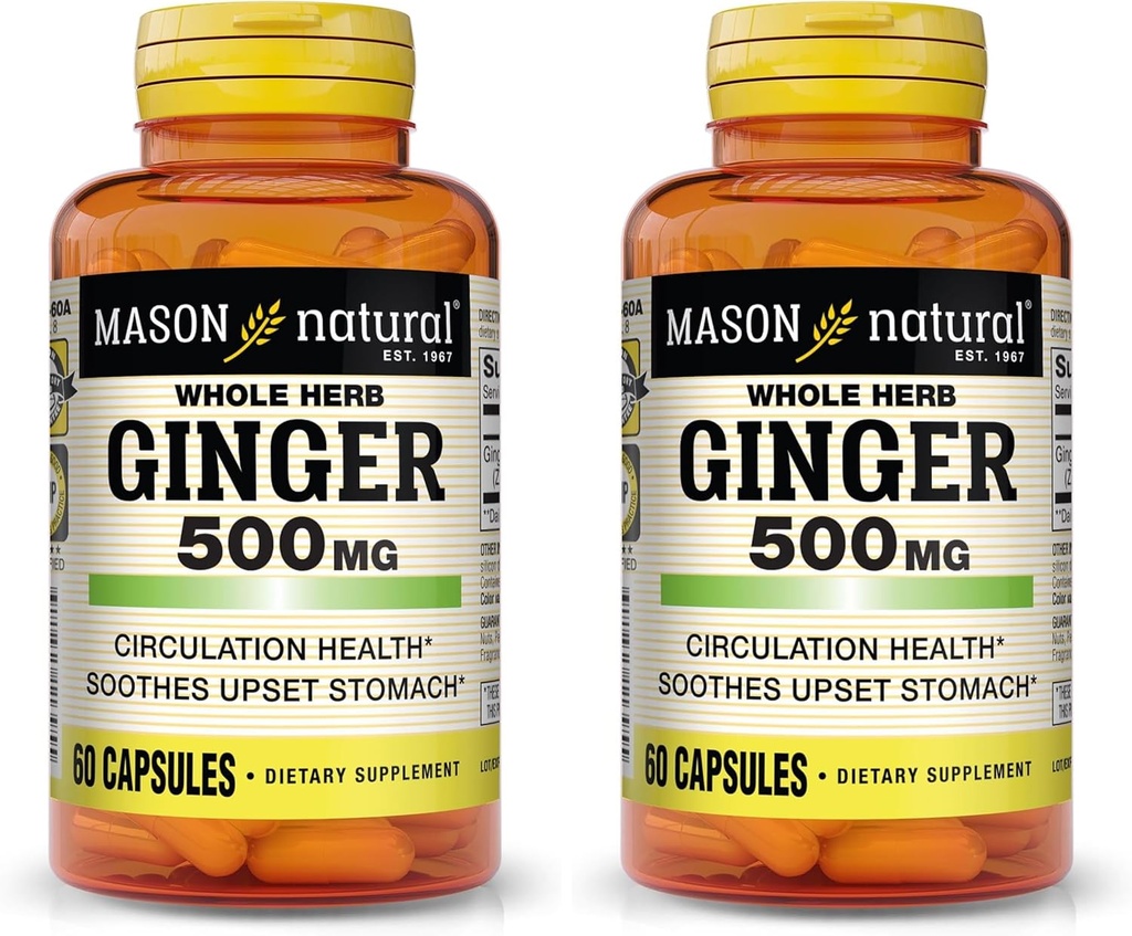 MASON NATURAL Whole Herb ג'ינג'ר 500 מ"ג, תוסף צמחי טבעי, 60 קפסולות (Pack of 2)