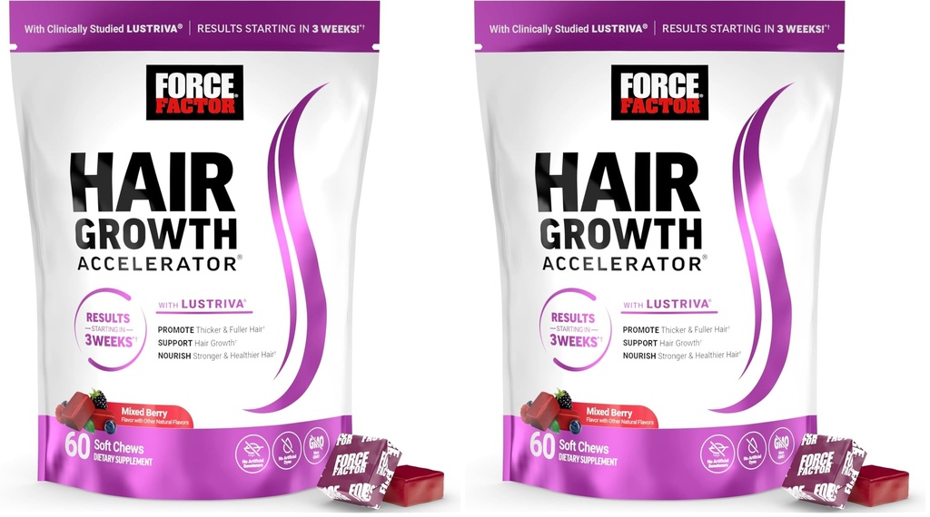 Force Factor Hair Growth Accelerator Soft Chews, Vitamins for Women and Men with Clinically Studied Lustriva and Biotin, Promotes Thicker, Fuller, Stronger Hair, Mixed Berry, 60 Soft Chews (Pack of 2)